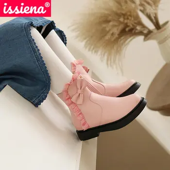 

ISSIENA 2021 Butterfly-Knot Child Ankle Boots PU Leather Zipper Kids Shoes Casual Round Toe Autumn Winter Girls Boots Size 28-39