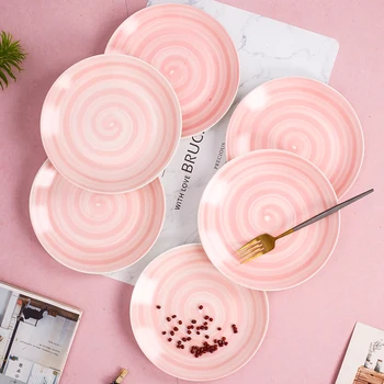 

8 Inch Nordic Pink Ceramic Western Steak Plate Set Household Snack Dessert Main Course Sushi Plate Six-piece Kitchen Tableware