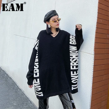 

[EAM] Letter Printed Knitting Sweater Loose Fit V-Neck Long Sleeve Women Pullovers New Fashion Tide Autumn Winter 2020 1DB514