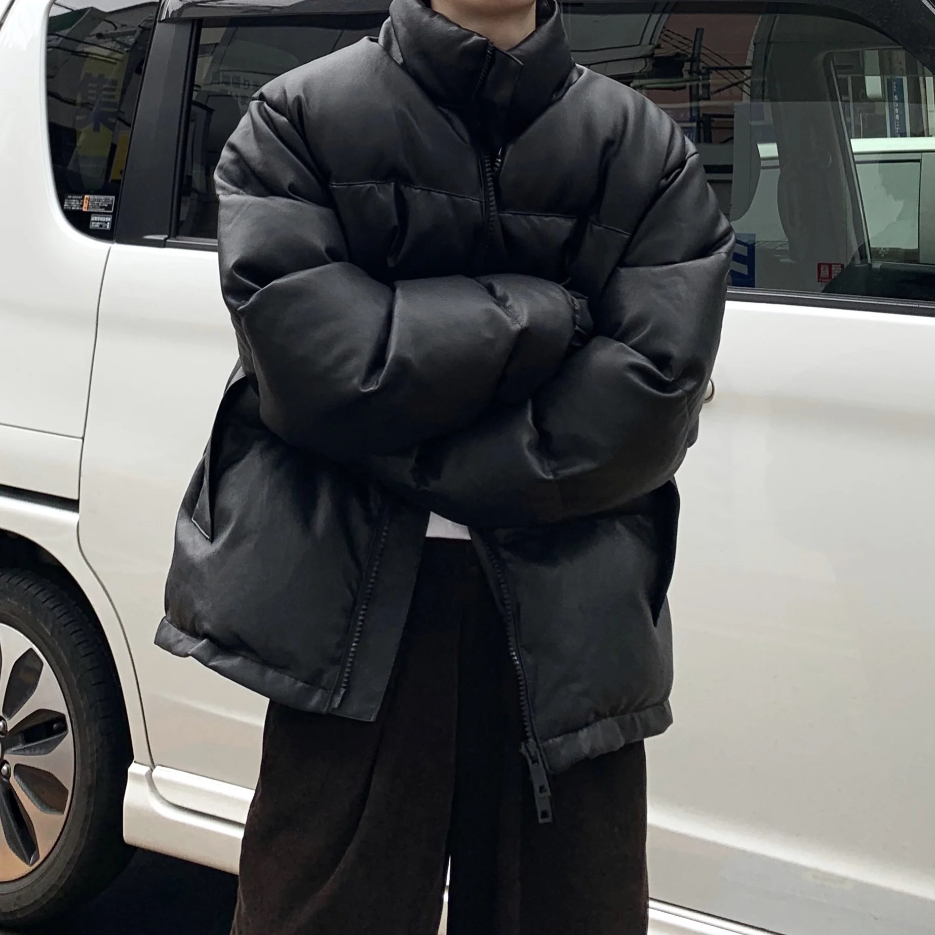 

Winter Men's Pu Leather Short Style Loose Coat Thicken Bread Snow Jacket In Warm Parkas Stand Collar Lint Cotton-padded Clothes