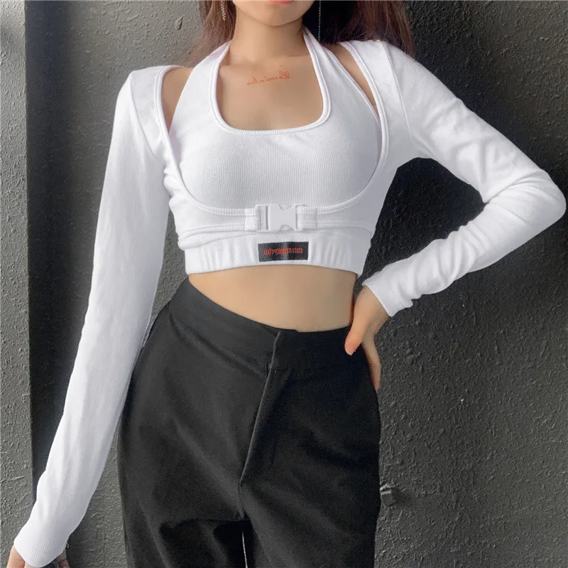 2020 Women's Solid Color Long-sleeved Top, Fake Two-piece Short Vest + Button Sleeves, Girl Dance T-shirt High Street Clothing