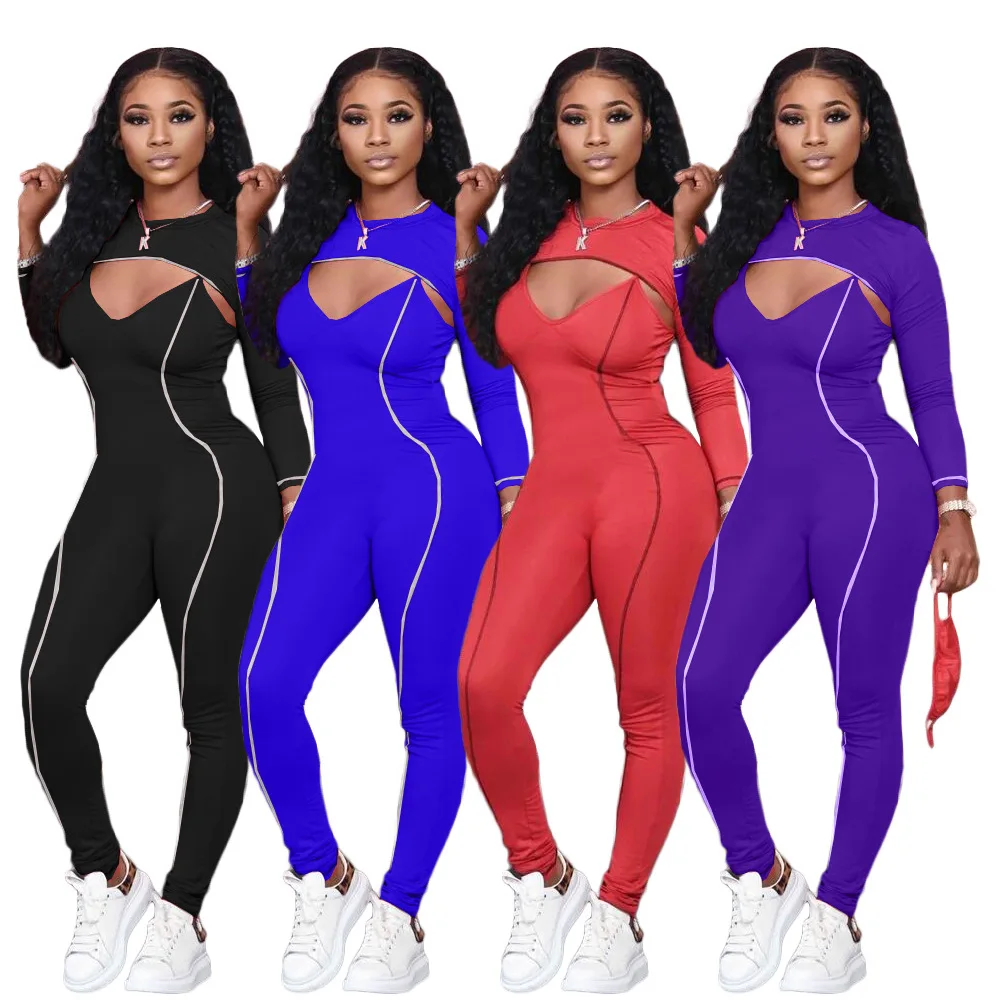 

Solid Color Line Strap Jumpsuit and Long Sleeve Slim Short Coat Women Two Piece Outfits 2020 Autumn New Casual Suits