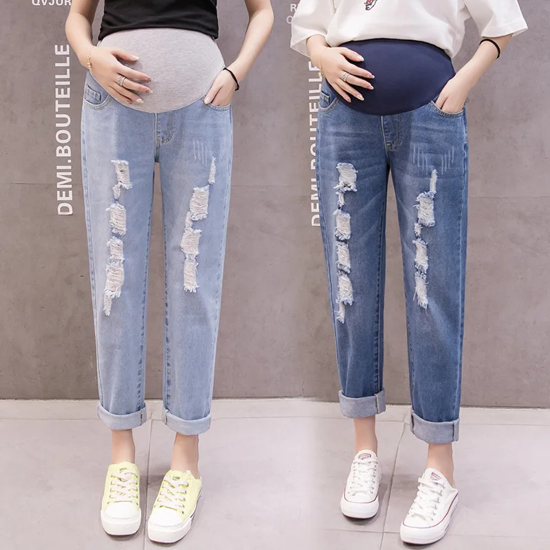 

Photo Shoot 2019 Summer with Holes Jeans Maternity Pants Loose-Fit Capri Spring Slimming Versatile Harem Daddy Maternity Pants
