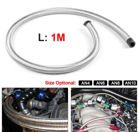 1M Fuel Line 304 Stainless Steel Double Braided inner CPE Sythetic Rubber Oil Cooler Hose Silver AN4 AN6 AN8 AN10 Racing Hose