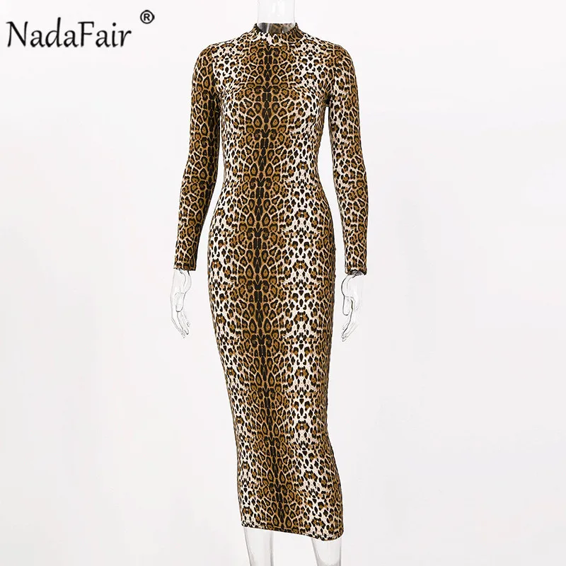 Nadafair осенние рубашки с длинными рукавами Винтаж миди платье с анималистическим принтом Для женщин Паттер тигра зимняя обтягивающая одежда для клубной вечеринки длинное платье для женщин - Color: Leopard