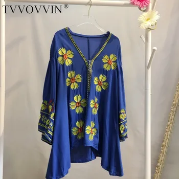 

TVVOVVIN Embroidered Bohemian Flower Top National Style Retro V Neck Half Loose Slimming Plus Size Women Tops ZKLE