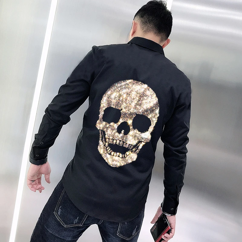 Custom Men's T-Shirt Exquisite Fabric Lapel Button Design Hot Diamond Style Skull Business Tops
