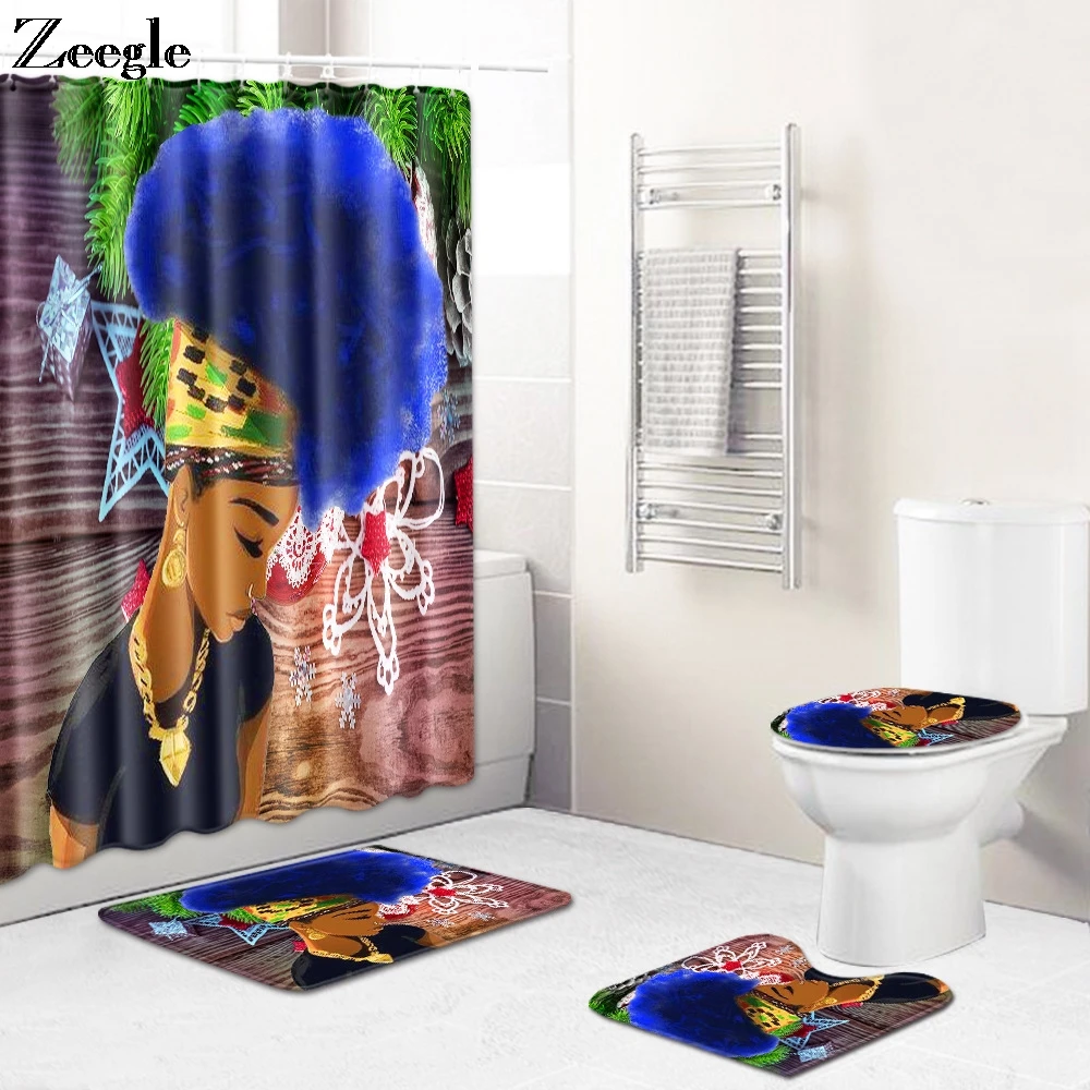 4pcs Bathroom Shower Curtain Durable Waterproof Bath Curtain Set Soft Toilet Cover Mat Anti-Slip Bath Mat and Shower Curtain Set