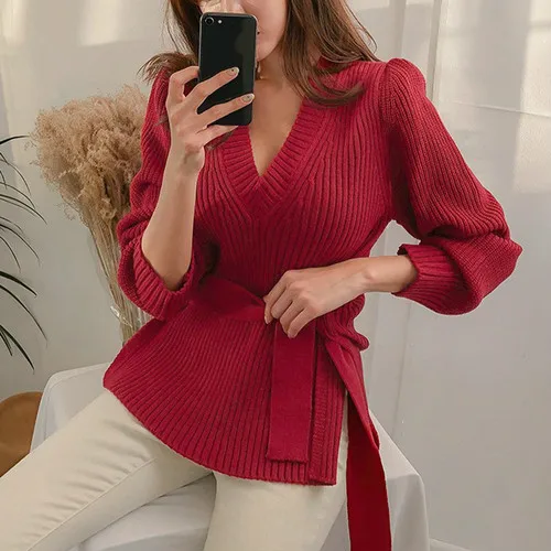 Neploe Pull Femme с v-образным вырезом комбинезон для новорожденных с длинными рукавами свитер с завязками Джемперы Для Женщин Осенние элегантные тонкие вязанные пуловеры, 54756 - Цвет: wine red