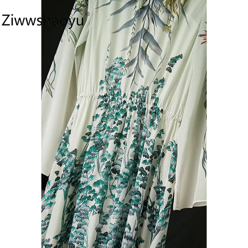 Ziwwshaoyu Элегантный цветочный принт шелк Весна Лето Платья-макси с длинным рукавом женская одежда высокого качества