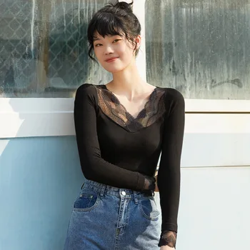 

Autumn and Winter Lace Solid Color All-match Bottoming Shirt Women Plus Velvet Seamless Thermal Underwear for Outer Wear Fahsion