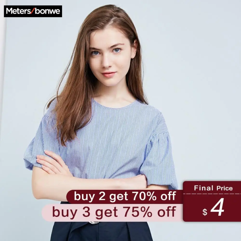 

Metersbonwe Women Striped Blue Blouses 2019 Fashion OL Half Puff Sleeves Sliming Office Lady Blouse Smart Shirt Casual Tops