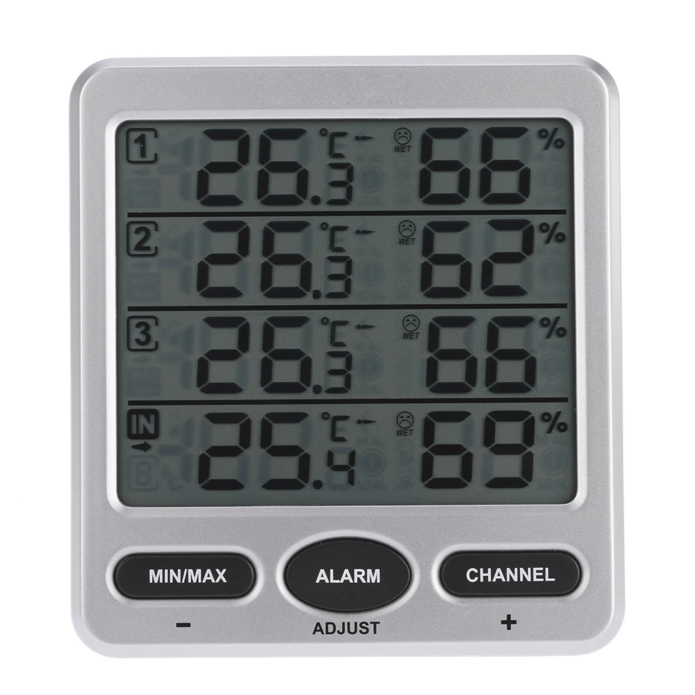 LCD Digital 433MHz Wireless 8-Channel Indoor/Outdoor Thermo-hygrometer with Three Remote Sensors Thermometer Hygrometer