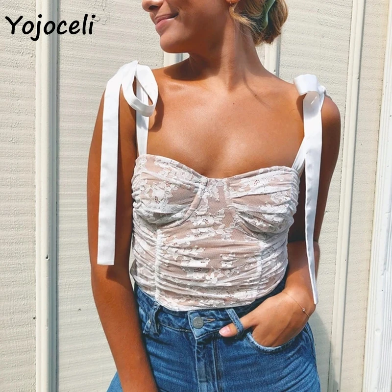 Yojoceli/ кружевные топы с бантом, женские укороченные топы на бретельках