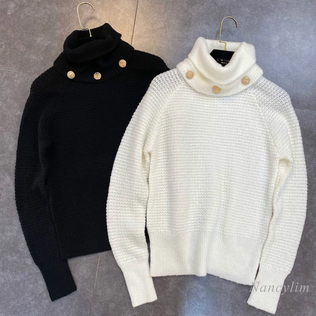 

Turtleneck Sweater for Women Long Sleeve Retro Buttons Thin Pullover Knit Jumpers Lady Chic Top 2020 Autumn Winter