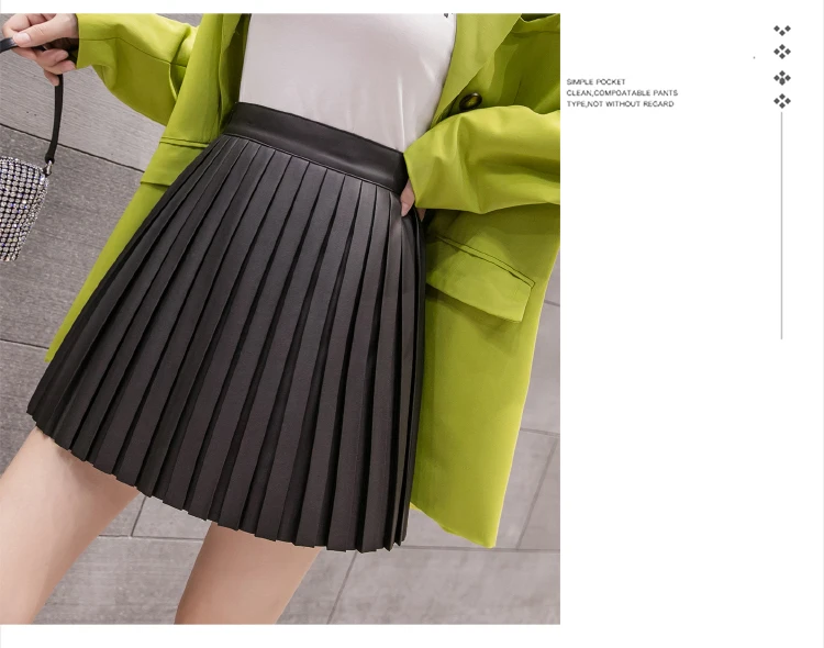 Корейский стиль, Осень-зима, Женская мини-юбка с высокой талией, Черный абрикос, плиссированные юбки, женская модная уличная юбка из искусственной кожи, 7481 50