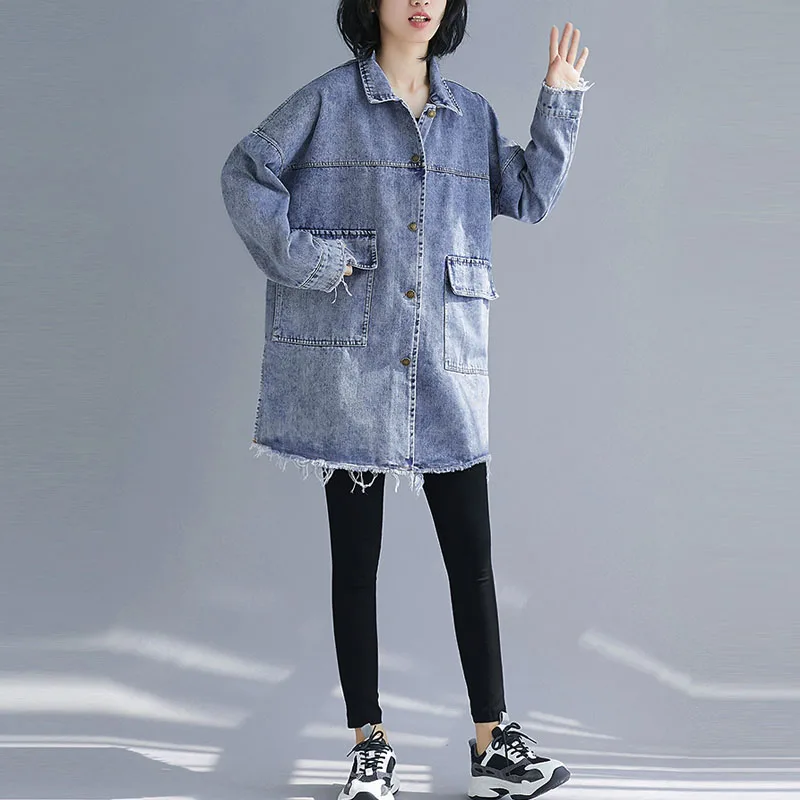 amazing  Plus Size Vintage Denim Coat Female Outerwear Loose Casual Long Outwear Tops 2019 Winter Fashion Lo