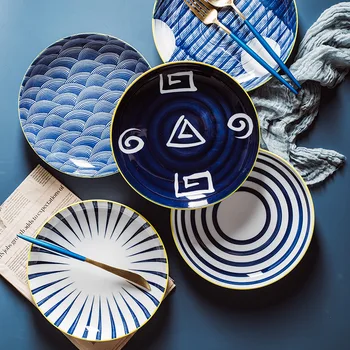 

Nordic Tableware 8.5 inch Deep Dish Hotel Cuisine Japanese-Dtyle Blue Glaze Under the hand-painted and Wind Plate Dish Plate
