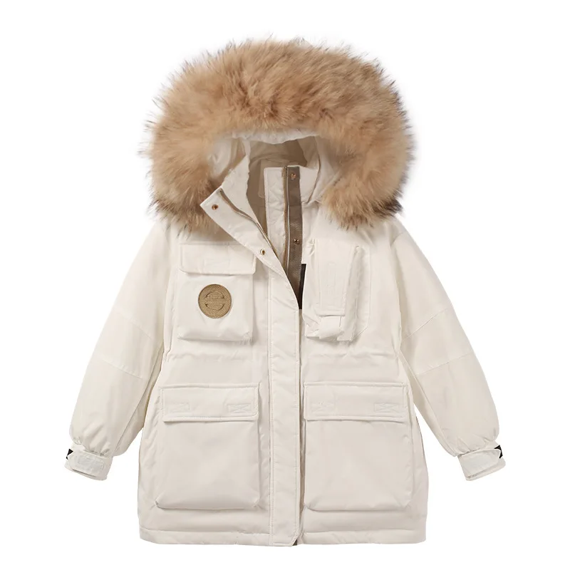 

Winter 2021 new fashion down jacket women mid-length hooded fur collar white duck down loose big pocket jacket