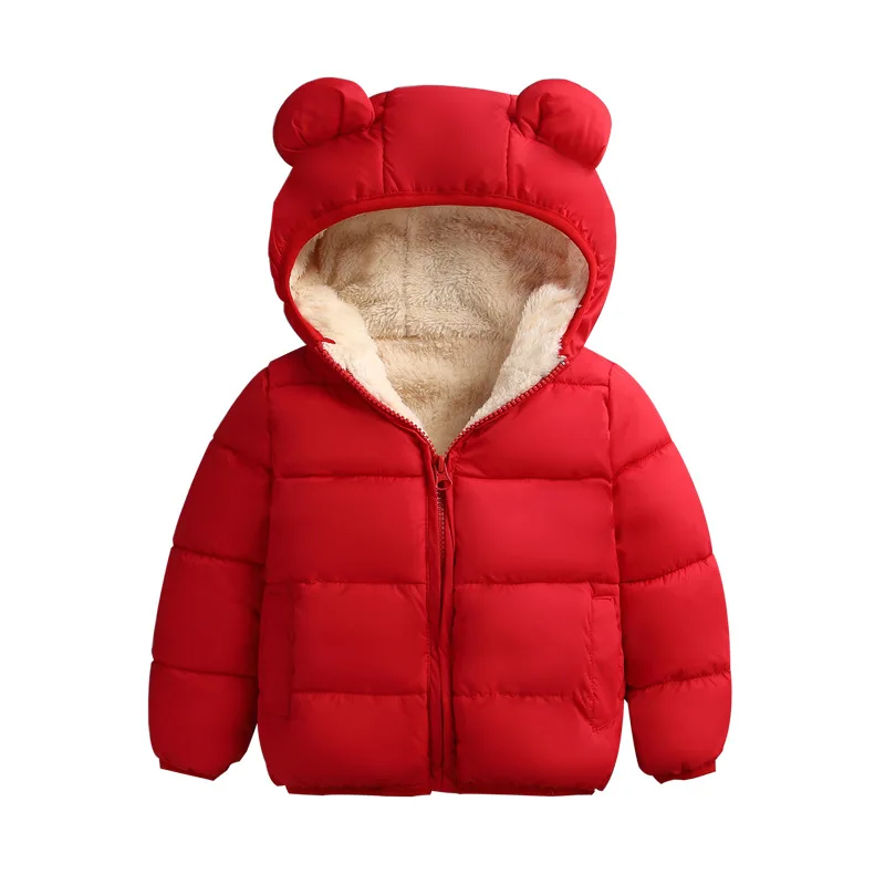 Зимние Пуховые парки для маленьких девочек и мальчиков; пальто с капюшоном и объемными ушками; однотонная теплая одежда на молнии с длинными рукавами; 4 цвета - Цвет: Красный