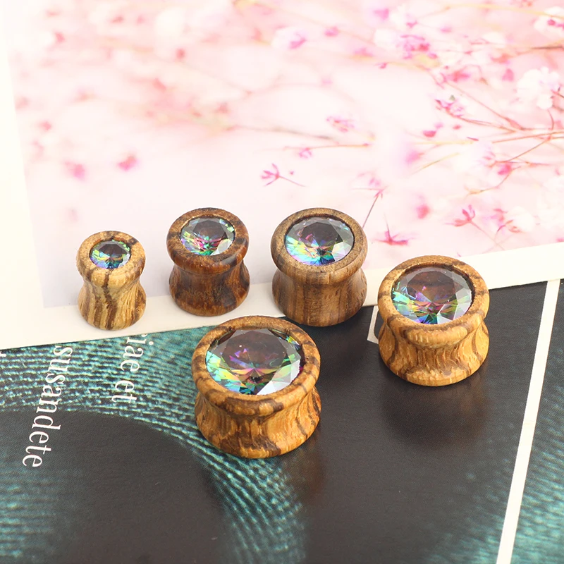Crystal Zircon Wood Ear Plug And Tunnel Flesh 8-16mm Wooden Ear Tunnel Plug Earrings Gauge Stretcher Plugs Oreja Dilataciones