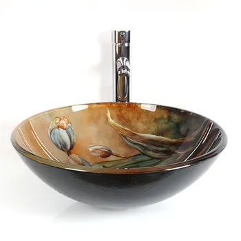 

Bathroom wash basin Art basin on the basin master hand painted Tap+Bathroom Sink Washbasin Tempered Glass