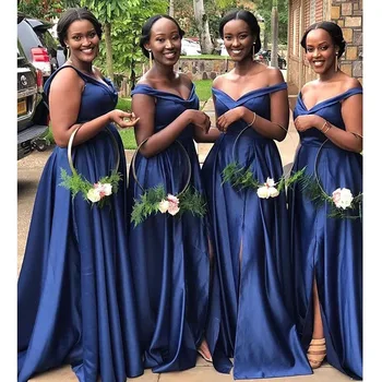 

Plus Size Bridesmaid Dresses Off Shoulder Simple Satin Afraican Women Wedding Guest Dresses High Slit Cheap Bridesmaid Gowns