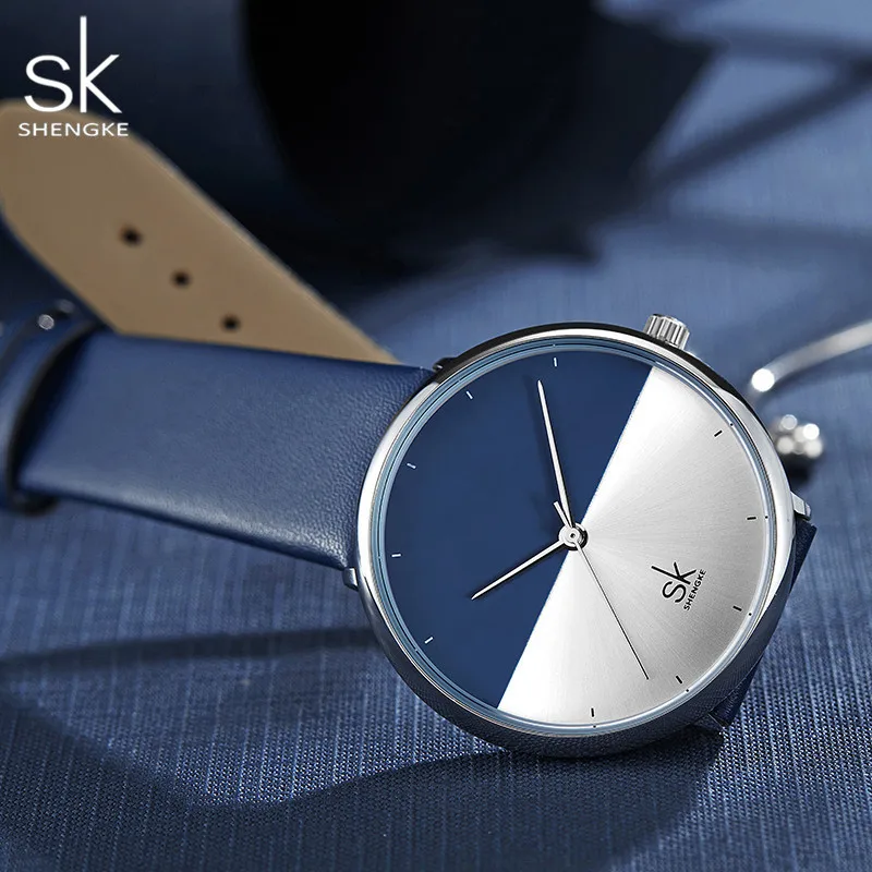 SHENGKE модные часы для влюбленных простой минимализм Синий Серебряный кожаный Пара часы для женщин мужчин Кварцевые водонепроницаемые подарочные часы