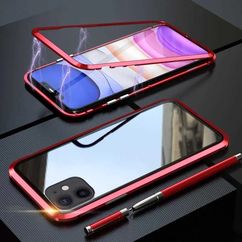 red Чехол для iPhone 11 Pro Max, металлическая рамка, закаленное стекло, Магнитный чехол, модный защитный чехол, роскошный алюминиевый сплав - Цвет: red