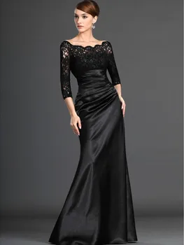 

Elegant A-Line Scoop Neck Lace Black Satin Mother Of The Bride Dresses 2015 Evening Formal Dresses Free Shipping Vestido Longo