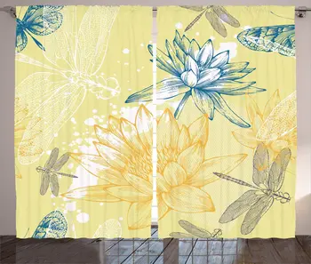 

Dragonfly Decor Collection Boho Style Plants Dragonflies Sketchy Illustration Living Room Bedroom Curtain 2 Panels Set Yellow