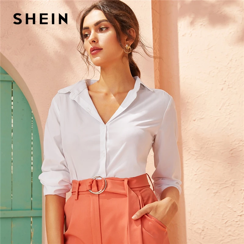 

SHEIN White Solid Single Breasted Office Ladies Blouse Shirt Women Tops 2019 Autumn Long Sleeve Turn-Down Collar Elegant Blouses