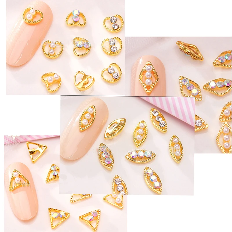 

10pc/lot Nail Crystal Pearl Charm Rhinestone Metallic Sliver Hollow 24-Style(JE28-51) Charming Stud DIY Nail Tip Charm Accessory