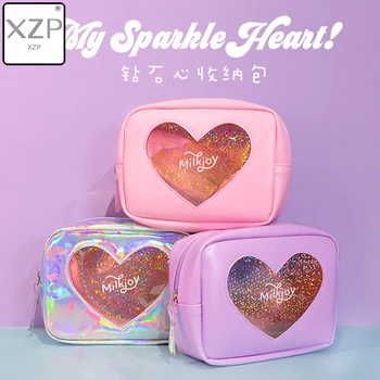 

XZP Women Portable Holographic Transparent Heart Cosmetic Bag Makeup Pouch Laser kosmetyczka make up bag neceser bag organizer