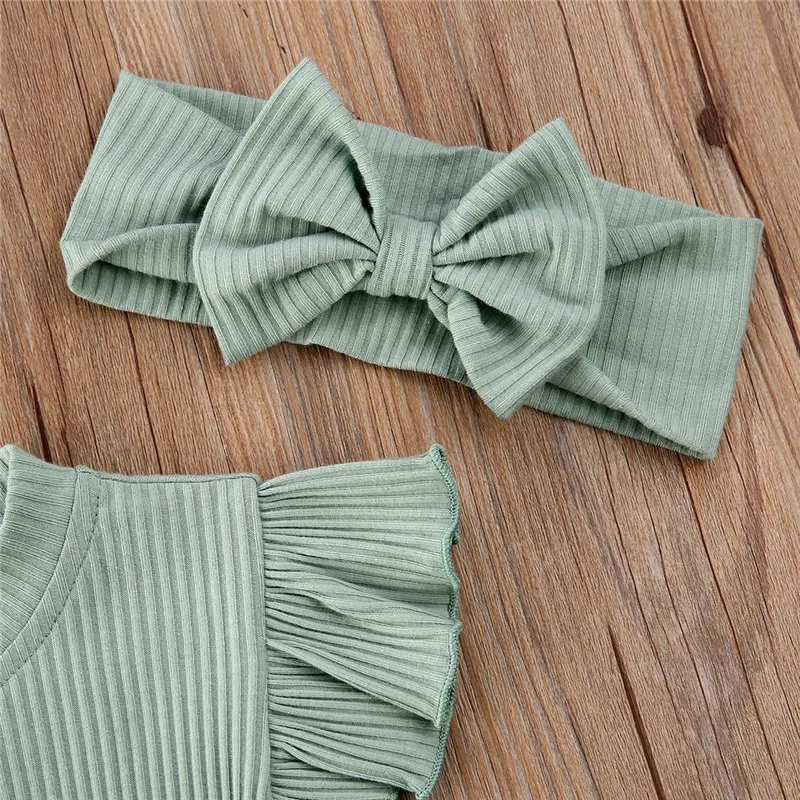 Комплект из 2 предметов, одежда для маленьких девочек Новинка года, фирменный летний комбинезон с короткими рукавами и рукавами-крылышками, однотонный комбинезон с бантом для маленьких девочек, комплект с повязкой на голову