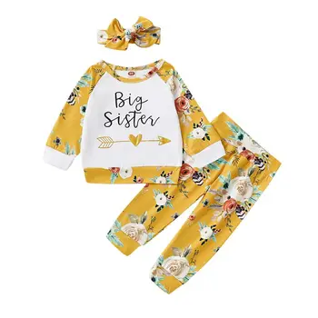 

3pcs / Set New Toddler Baby Girl Big Sister Long Sleeve Floral Tops+Pants+Headband Hat Baby Girl Clothes