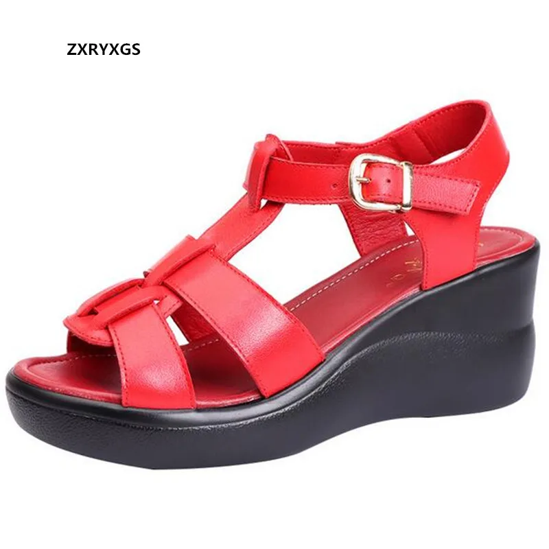 

2023 New Summer Open Toe Rome Sandals Genuine Leather Women Shoes Sandals Light Wear Heighten Sandals Wedges Black White Red