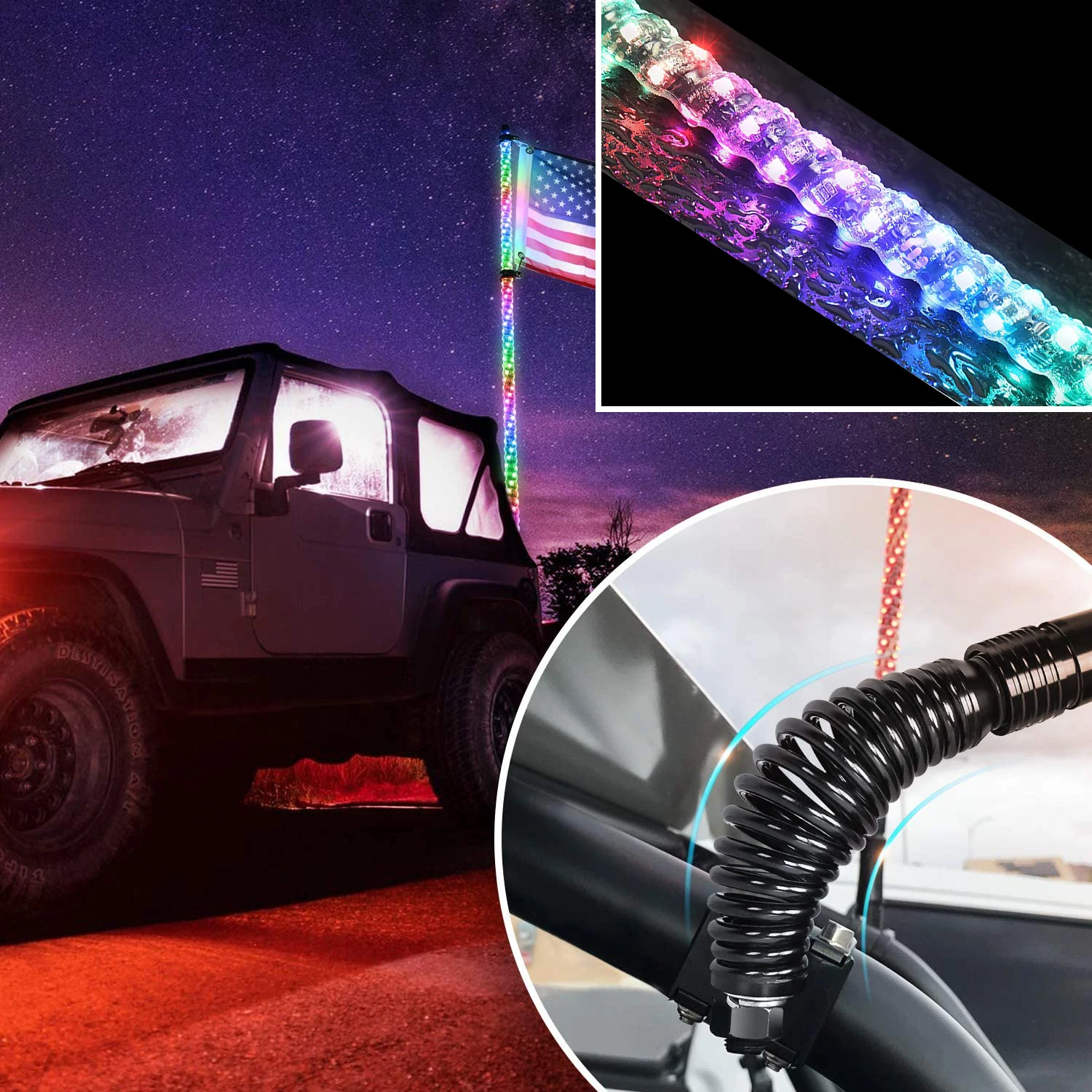 2PCS 3FT Bluetooth and Remote Control Colorful Spiral LED Whip Lights  Lighted Antenna Whips for ATV Polaris RZR 4x4 Vehicles