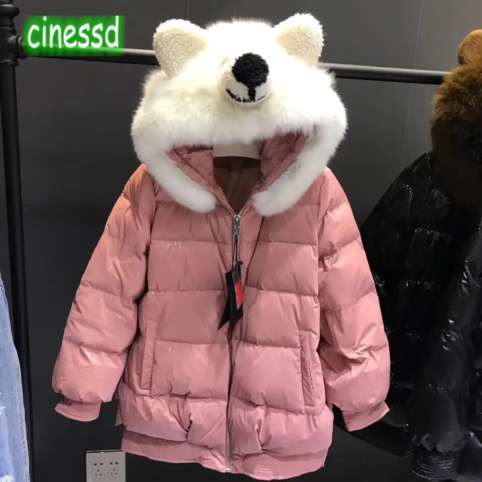 style1 pink Cinessd/Высококачественный аутентичный пуховик для родителей и детей пуховик с лисьим мехом и головой медведя зимняя теплая женская одежда - Цвет: style1 pink