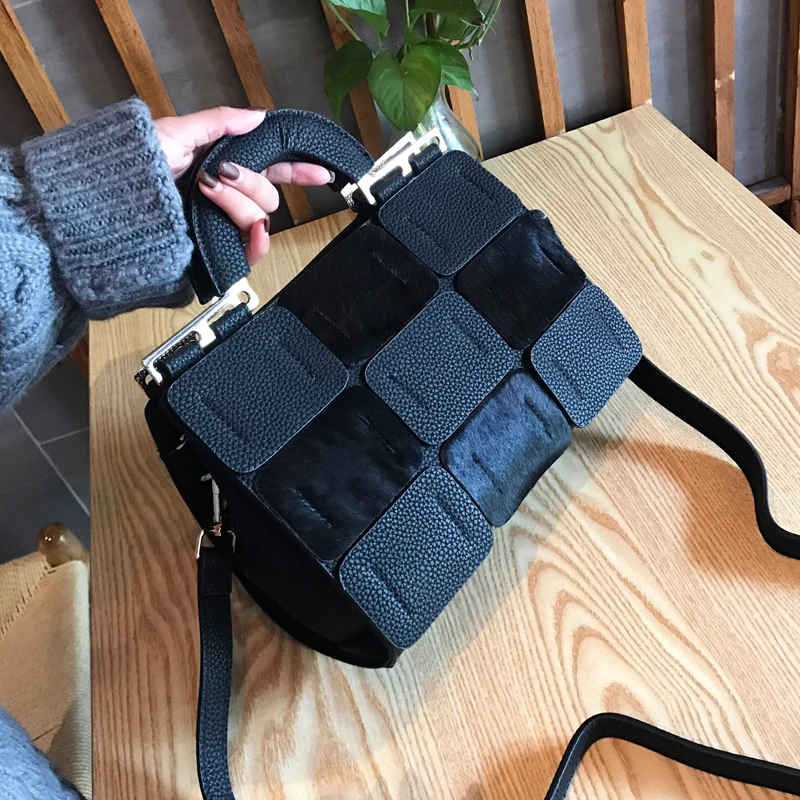 

Patchwork Women Messenger Bag Lady Handbag Horsehair and Pu Leather Black Flap Designer 2019 Fashion Brand Bolsa Feminina Luxury