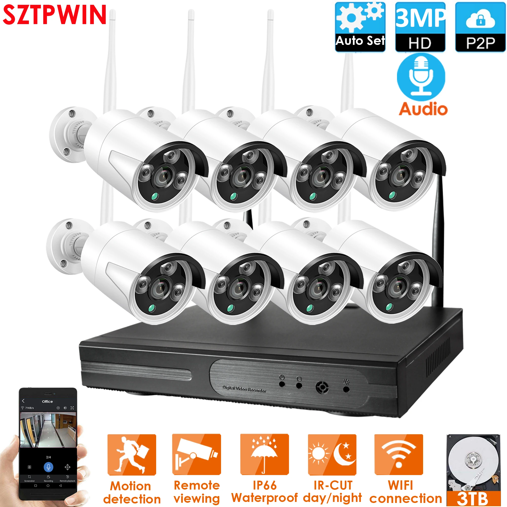 8CH 3.0MP Audio FHD Wireless NVR Kit P2P Indoor Outdoor IR Night Vision Security  3.0MP audio IP Camera WIFI CCTV System