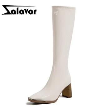 

ZALAVOR New Women High Heel Boots Square Toe Zipper Shoes Thick Boots Women Fashion Winter Shoes Party Women Size 34-50