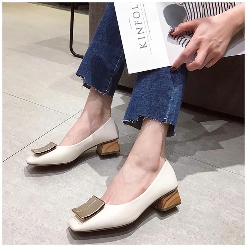 SUOJIALUN Luxury Women Spring Flat Shoes Square Toe Medium Heels Fashion Metal Boat Low Heels Shoes Women Dress Shoes