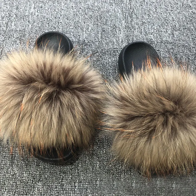 

MCCKLE Women Fluffy Slippers Real FOX Fur Slides Indoor Flip Flops Casual Shoes Woman Raccoon Fur Sandals Vogue Plush Shoes
