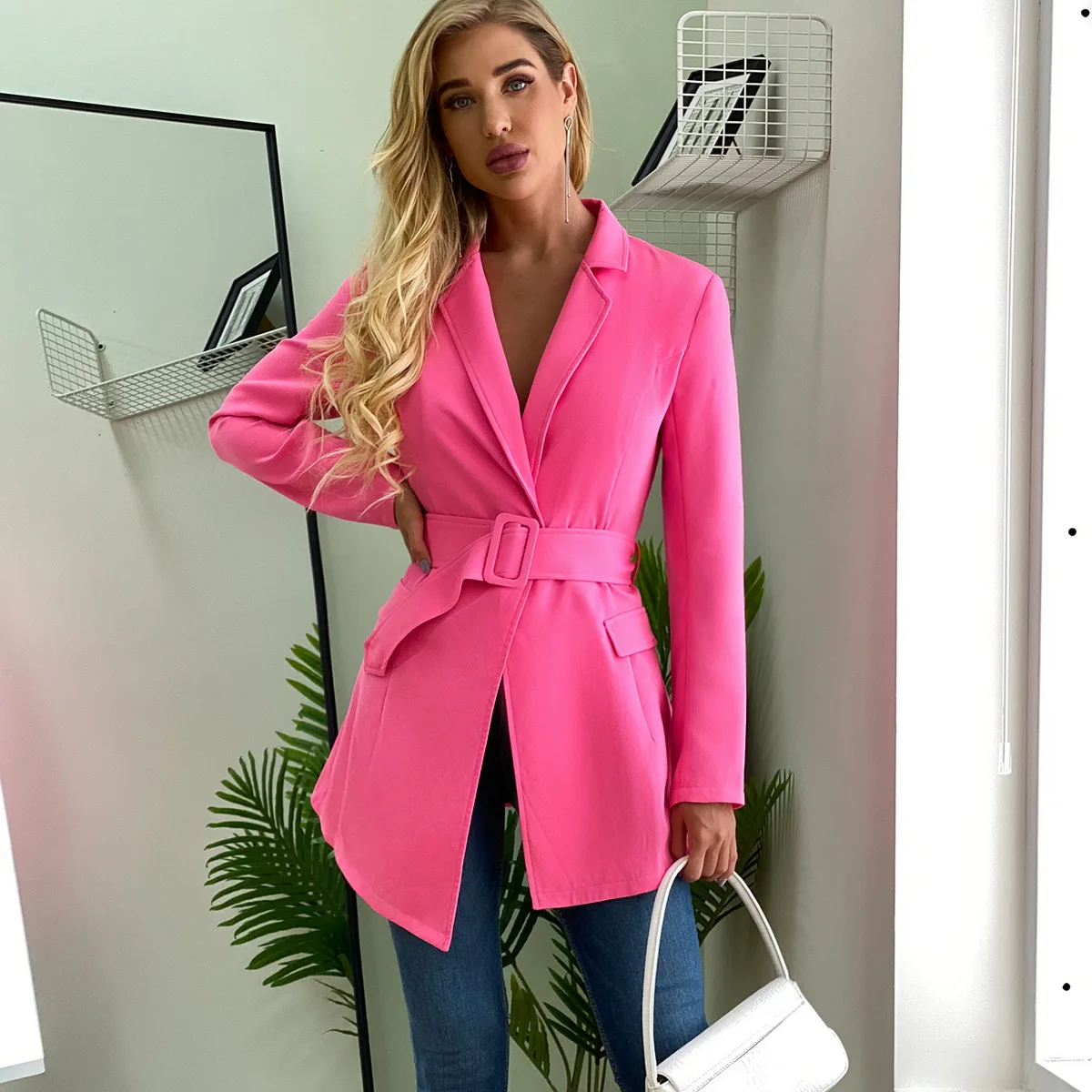 2020 New Autumn Waistband Deep V Irregular Slim Suit Jacket oversized blazer  women blazers  ladies tops  pink blazer  coats