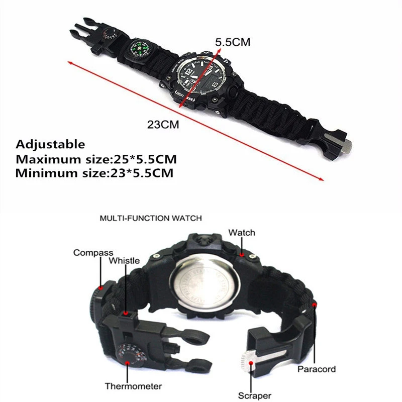 Спорт на открытом воздухе Многофункциональный выживания водонепроницаемые светящиеся часы путешествия Туризм Кемпинг спасательный Паракорд Браслет Q1422CMC