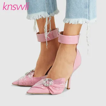 

Bowknot Crystal Buckle High heels Women Shoes PVC Satin Pointy Toe Bride Prom Shoes Ankle Strap Pumps Woman Stiletto Party Shoes
