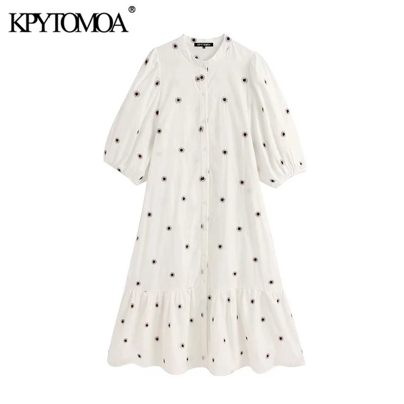 KPYTOMOA Women 2020 Chic Fashion Embroidery Midi Dress Vintage O Neck Short Puff Sleeve Female Dresses Vestidos Mujer KPYTOMOA Women 2020 Chic Fashion Embroidery Midi Dress Vintage O Neck Short Puff Sleeve Female Dresses Vestidos Mujer