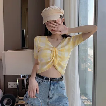 

Women Plaid Drawstring V-Neck T-shirt Fashion Korean Style Casual Short-sleeved Knit Plaid Ladies Sweet Tee Shirt
