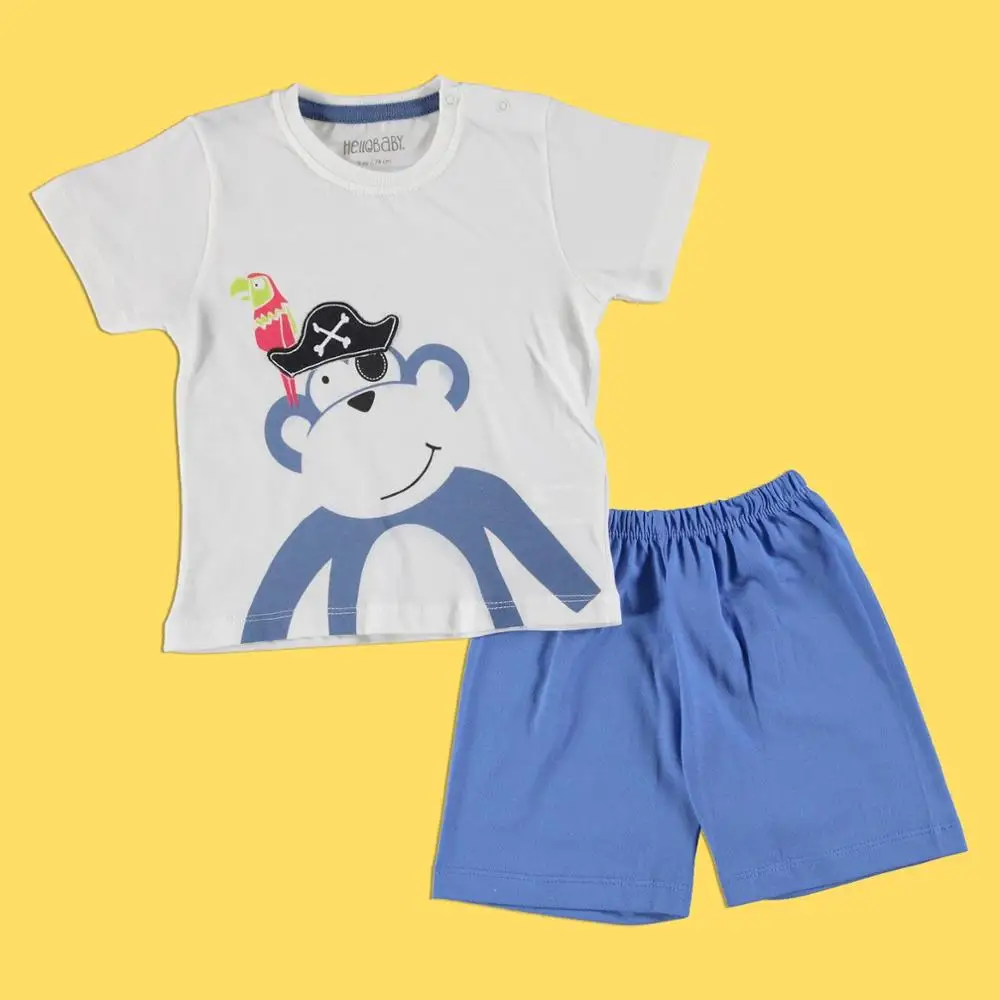 Синий Ebebek HelloBaby/пижамный комплект с короткими рукавами; хлопковая повседневная одежда для малышей с короткими рукавами и круглым вырезом; лето г - Цвет: Синий